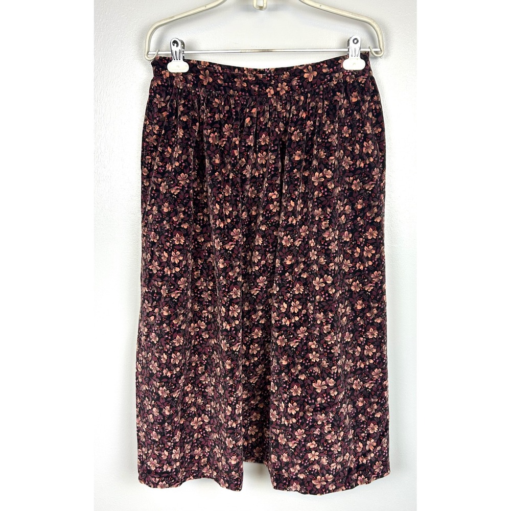 Handmade Vintage Velvet Velour Midi Skirt Medium Pockets Purple Dark Floral‎